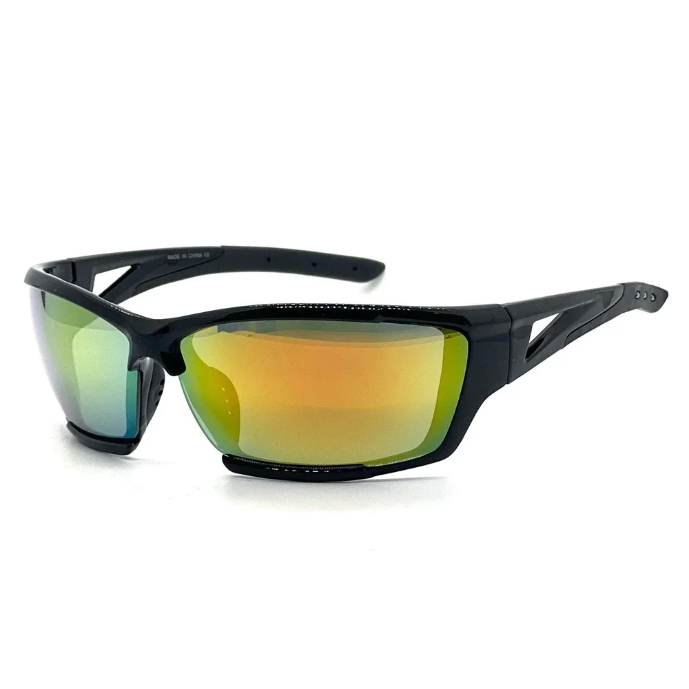 Mens Sport Wrap Around Sunglasses Black Iridescent‎ Mirror Lens Cycling Running